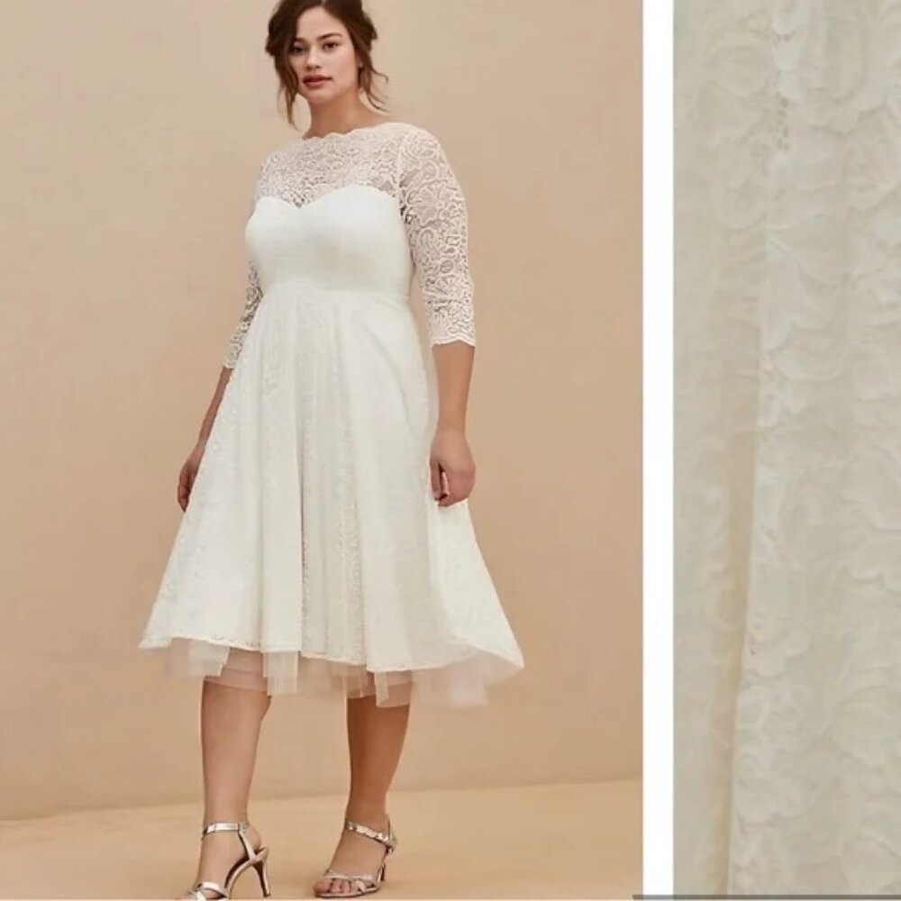 ❤️NWT TORRID WEDDING DRESS - IVORY LACE TEA LENGTH ILLUSION NECK GOWN